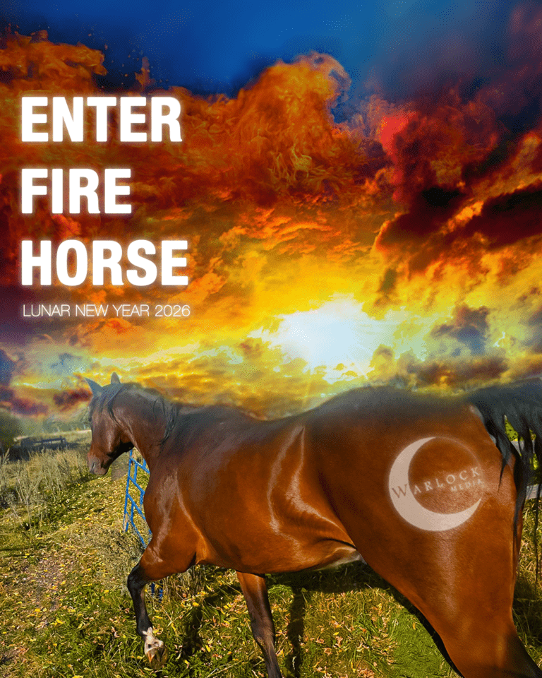 Enter Fire Horse - Year of the Fire Horse 2026 - Lunar New Year 2026 - An American Quarter Horse Runs Toward a Fiery Sky